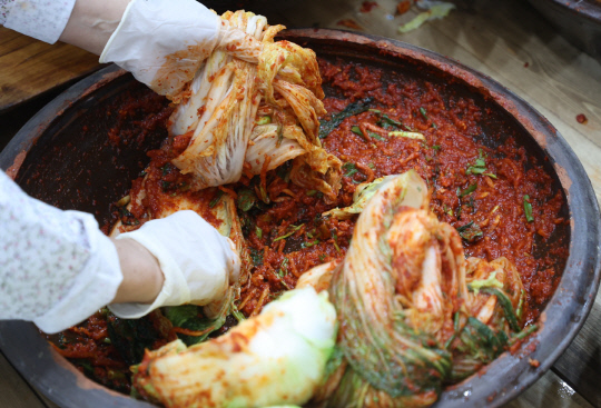 지난 22일 서울 서초구 양재동 aT센터에서 열린 제4회 김치의 날 기념행사에서 관계자들이 김장시연을 하고 있다. [연합뉴스]